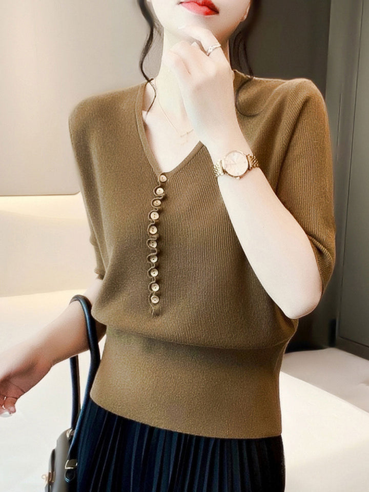 Kayla Loose V-Neck Button Knitted Top