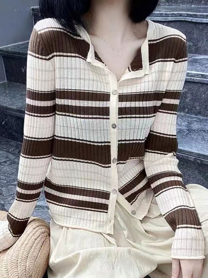 Sophia Slim Crew Neck Striped Button Knitted Cardigan