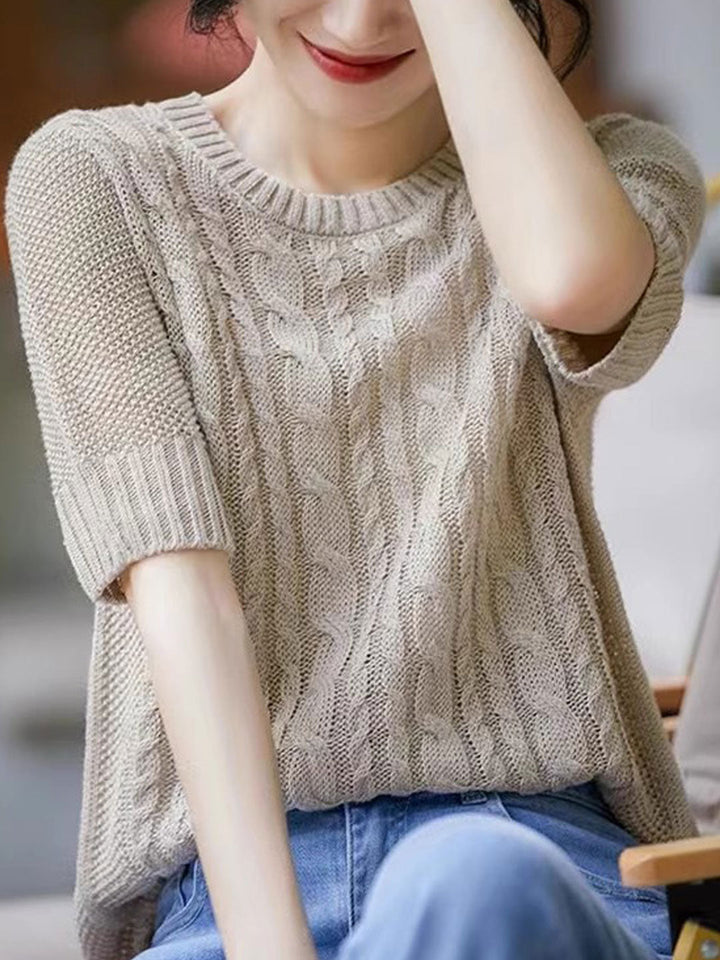 Angelina Loose Crew Neck Twisted Hollowed Knitted Top