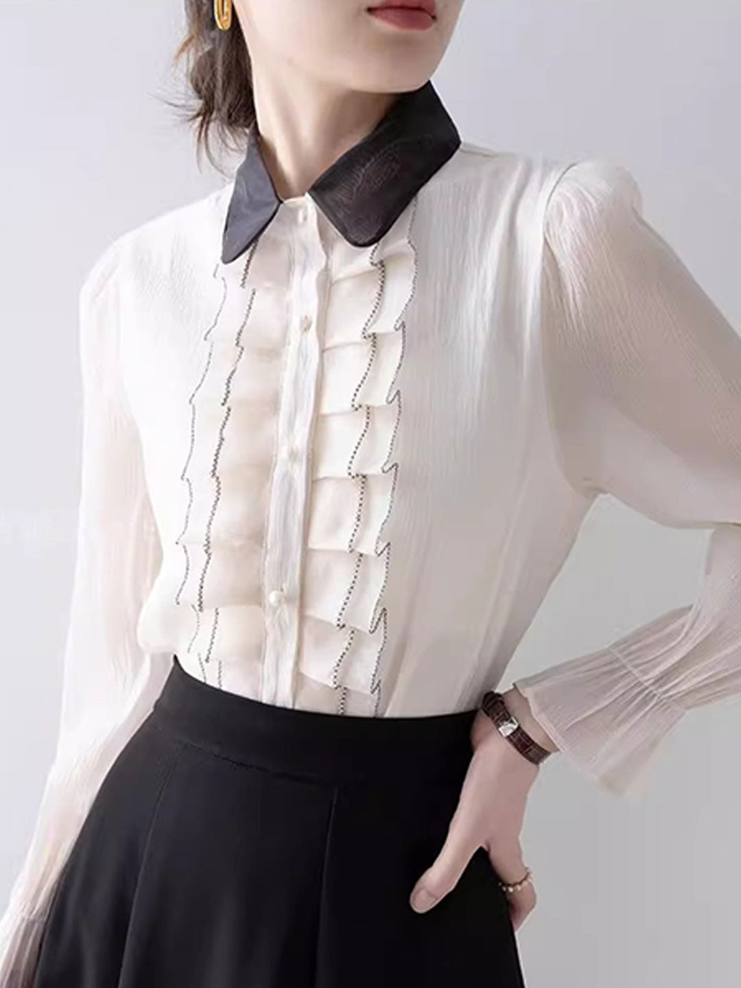 Isabelle Vintage Embroidered Pleated Ruffle Shirt