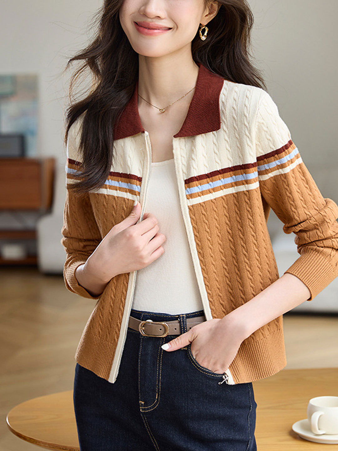 Zoe Retro Polo Collar Contrasting Knitted Cardigan