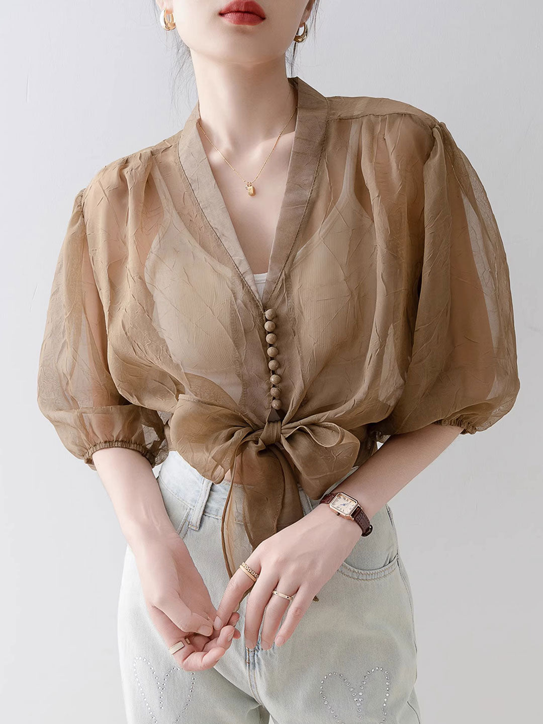 Alyssa Retro V-Neck Lantern Sleeve Chiffon Shirt