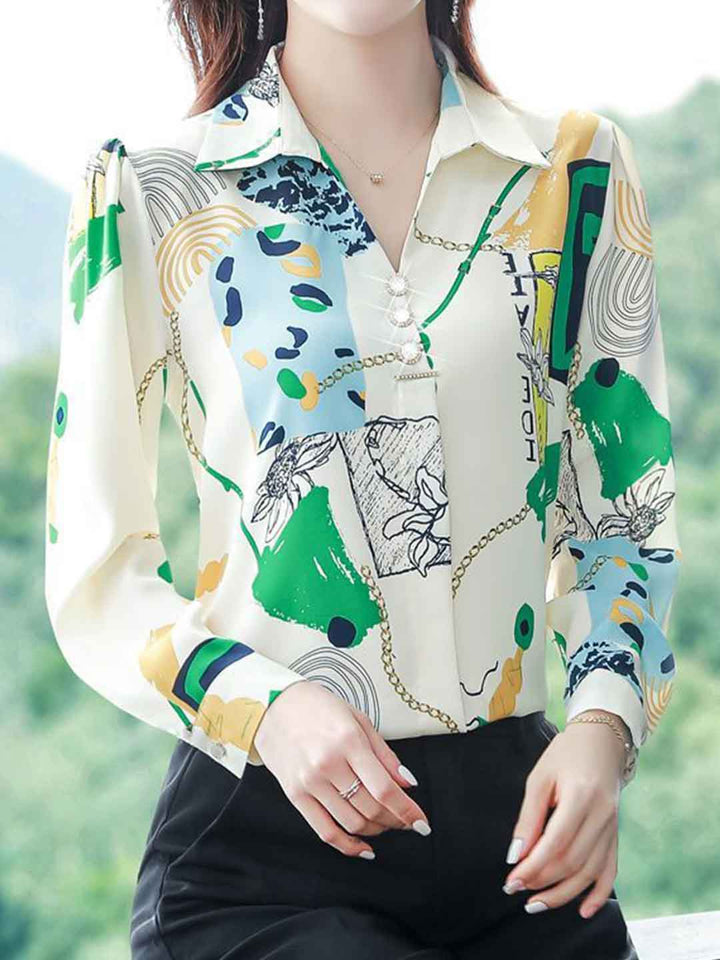 Zoey Loose Polo Neck Printed Chiffon Shirt