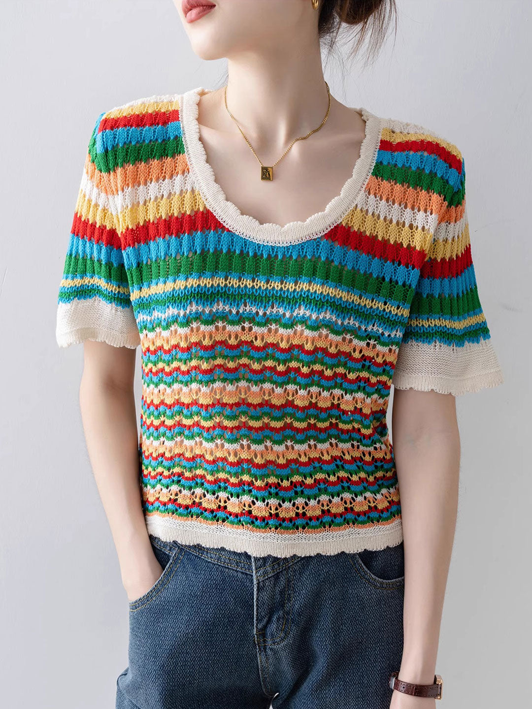 Nevaeh Classic Rainbow Striped Hollowed Knitted Top