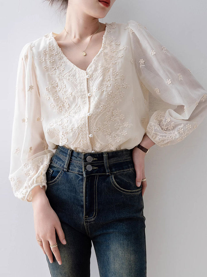 Taylor Retro V-Neck Lace Chiffon Blouse