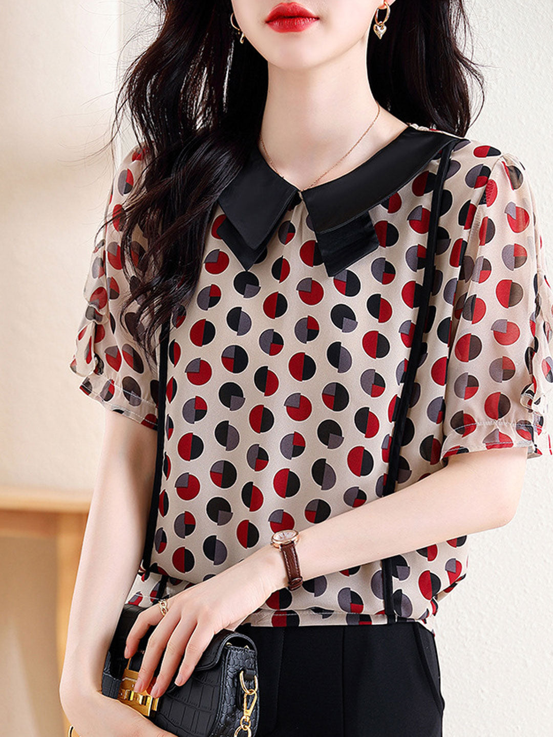 Grace Classic Doll Collar Puff Sleeve Polka Dot Top