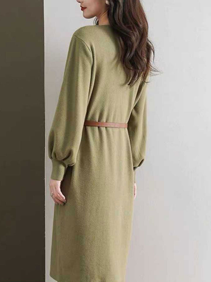 Lauren Classic Solid Color Lantern Sleeve Knitted Dress