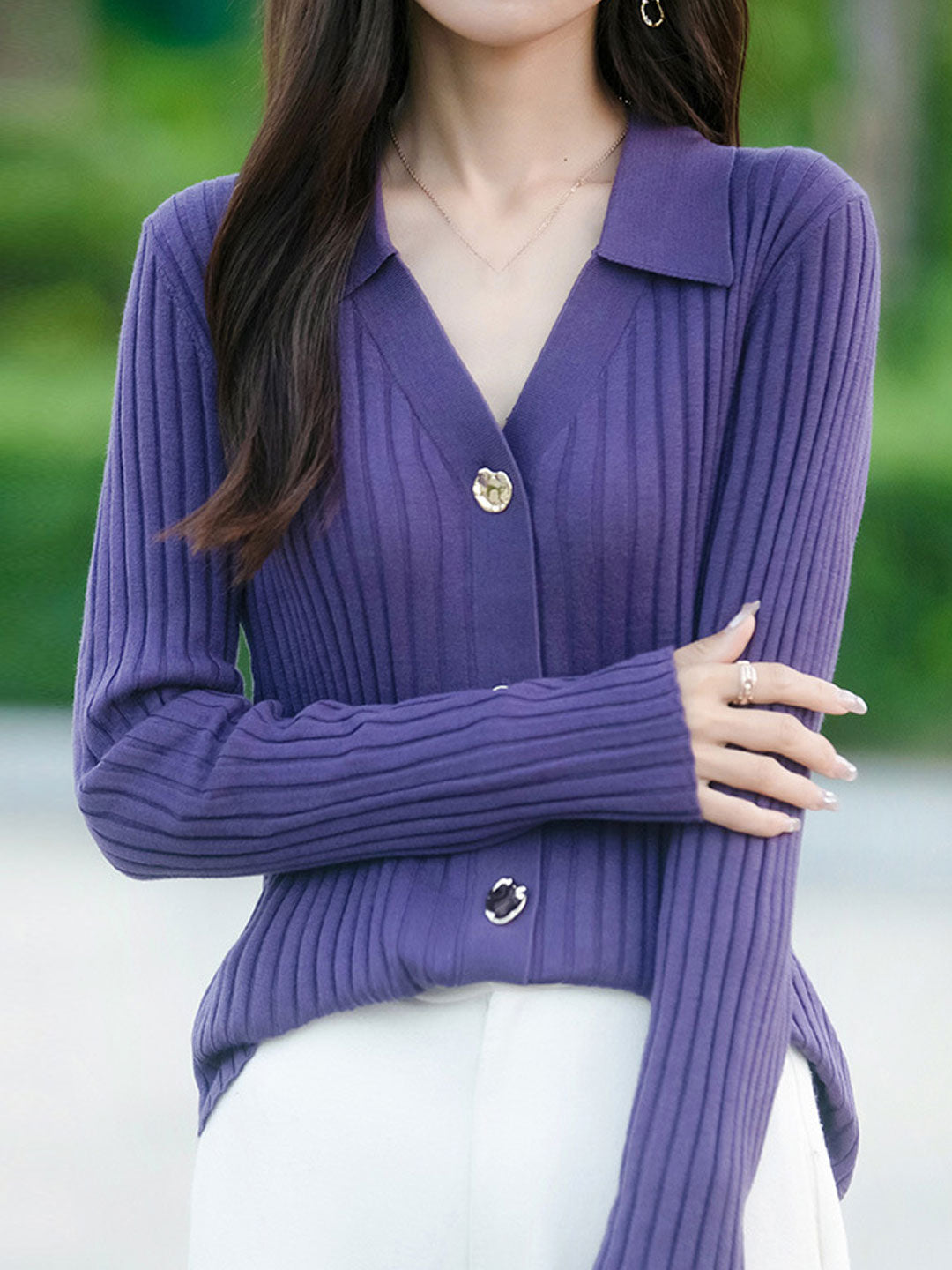 Mia Lapel Solid Color Ribbed Knitted Cardigan