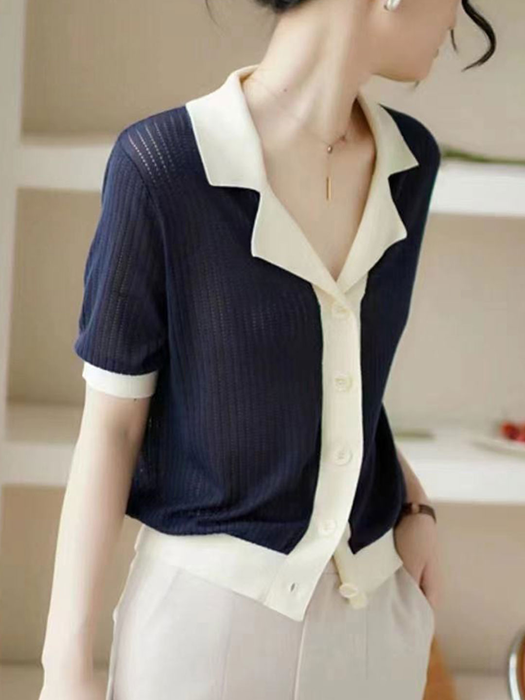 Jessica Casual Lapel Contrasted Knitted Top