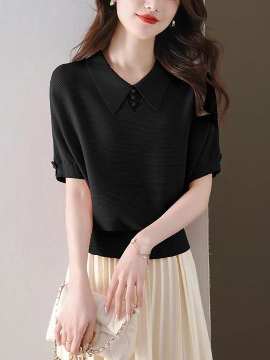 Kaitlyn Classic Polo Collar Knitted Top-Black