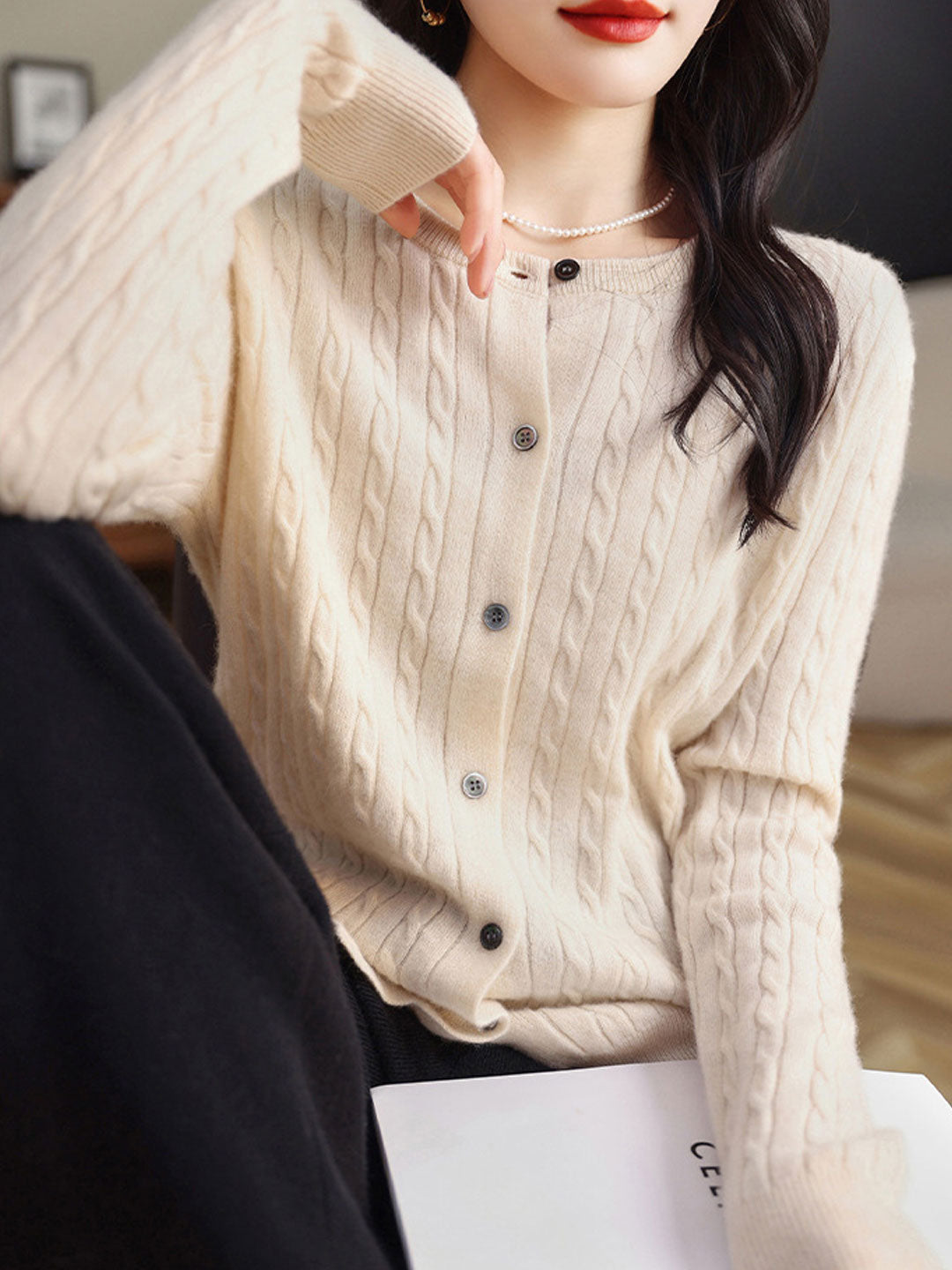 Claire Casual Crew Neck Solid Color Knitted Cardigan