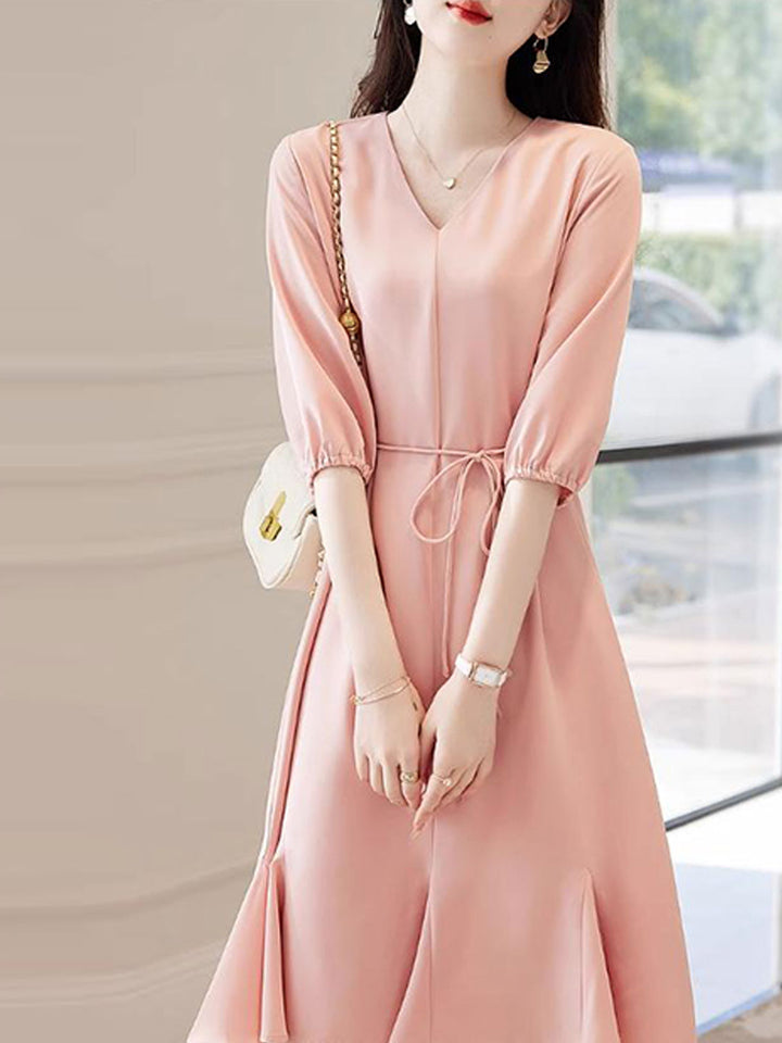 Emma Elegant V-Neck Solid Color Dress