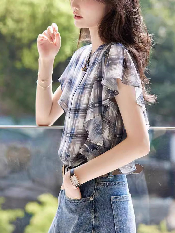 Rachel Casual Crew Ruffled Plaid Chiffon Top