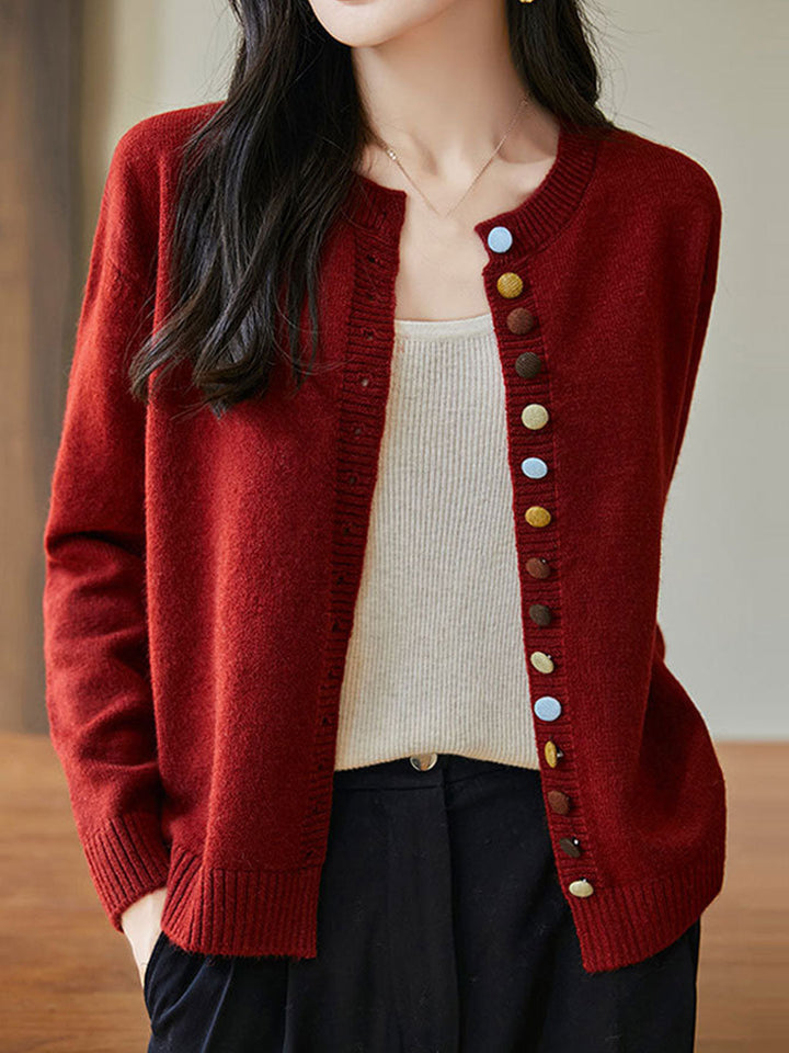 Brooke Loose Crew Neck Knitted Cardigan-Red