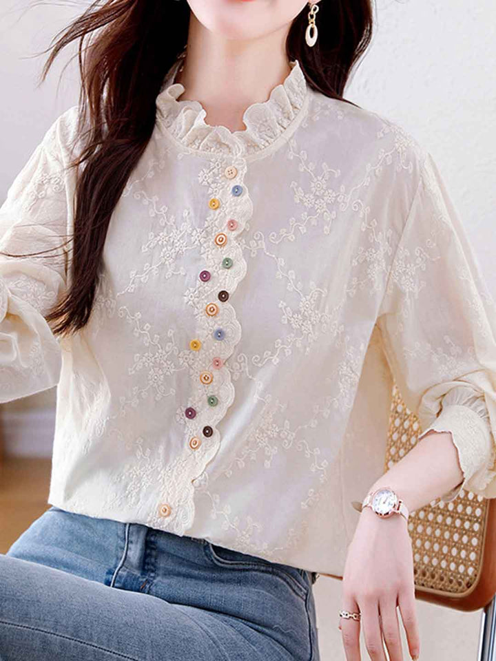 Sophia Classic Ruffle Collar Hollowed Embroidered Top