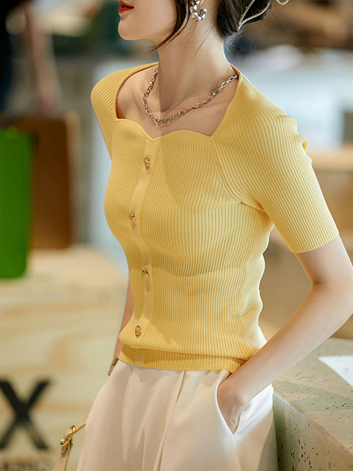 Ava Elegant Square-Neck Button Knitted Cardigan-Yellow