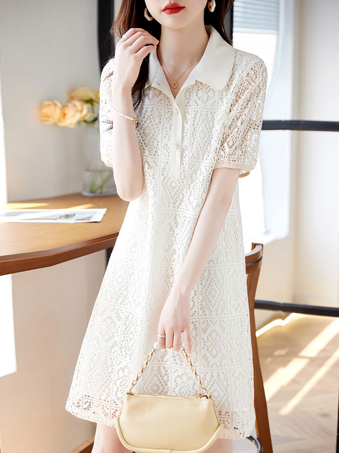 Olivia Retro Lapel Hollowed Embroidered Dress