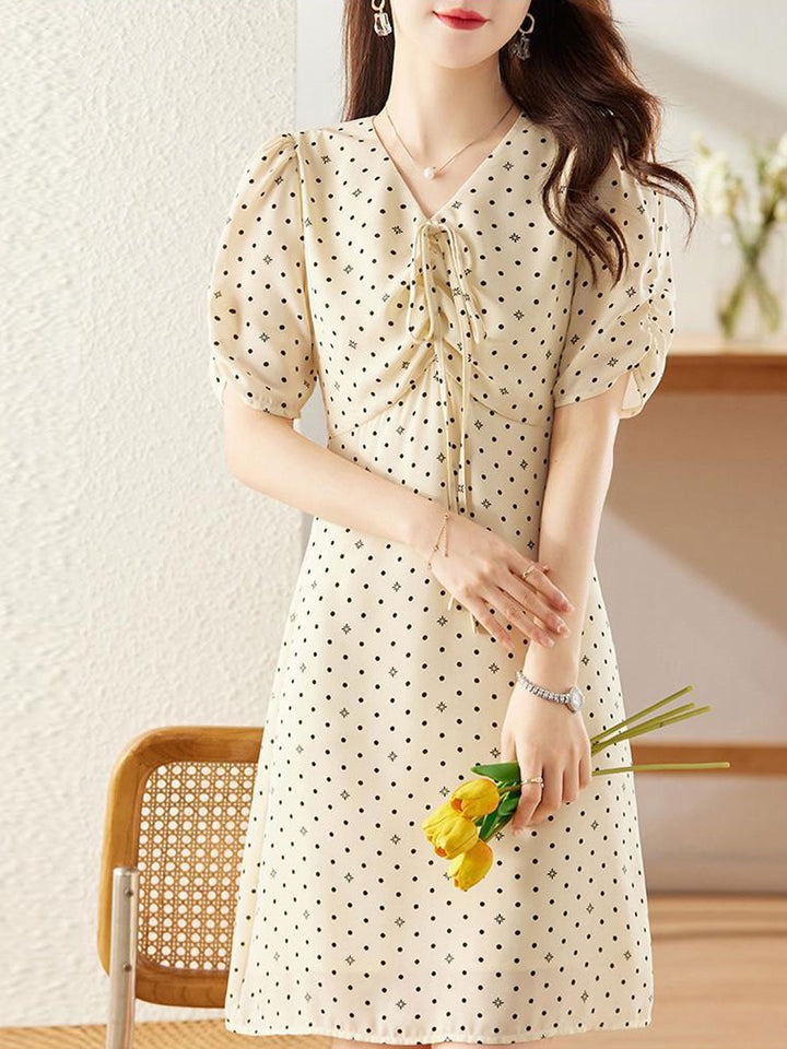 Claire Cute V-Neck Puff Sleeve Polka Dot Dress