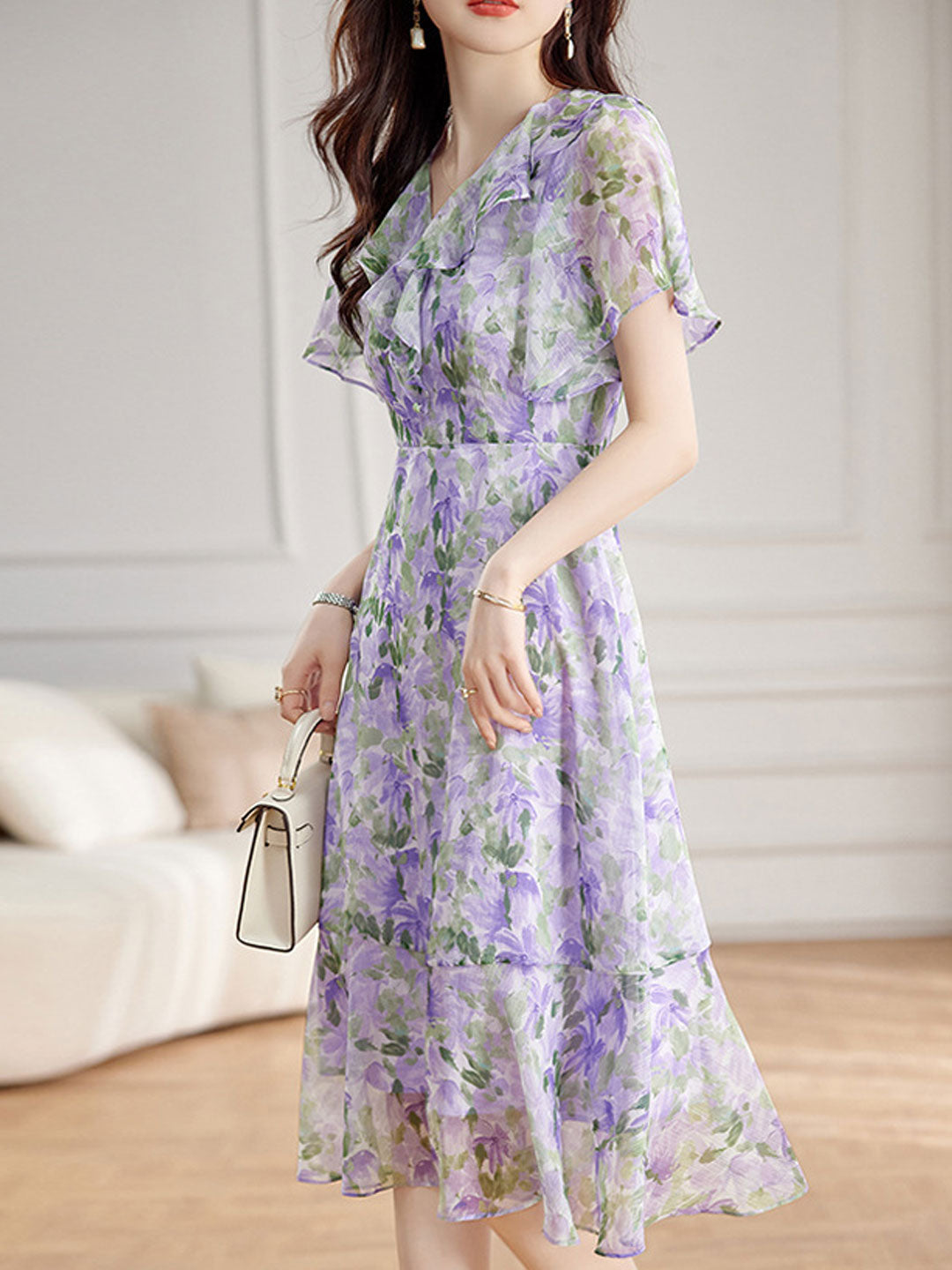 Joyce V-Neck Floral Printed Ruffle Maxi Tea Dress