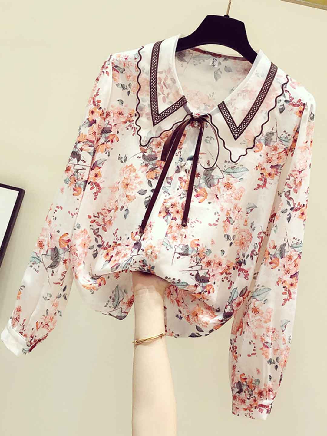 Rachel Classic Printed Floral Chiffon Shirt-Pink