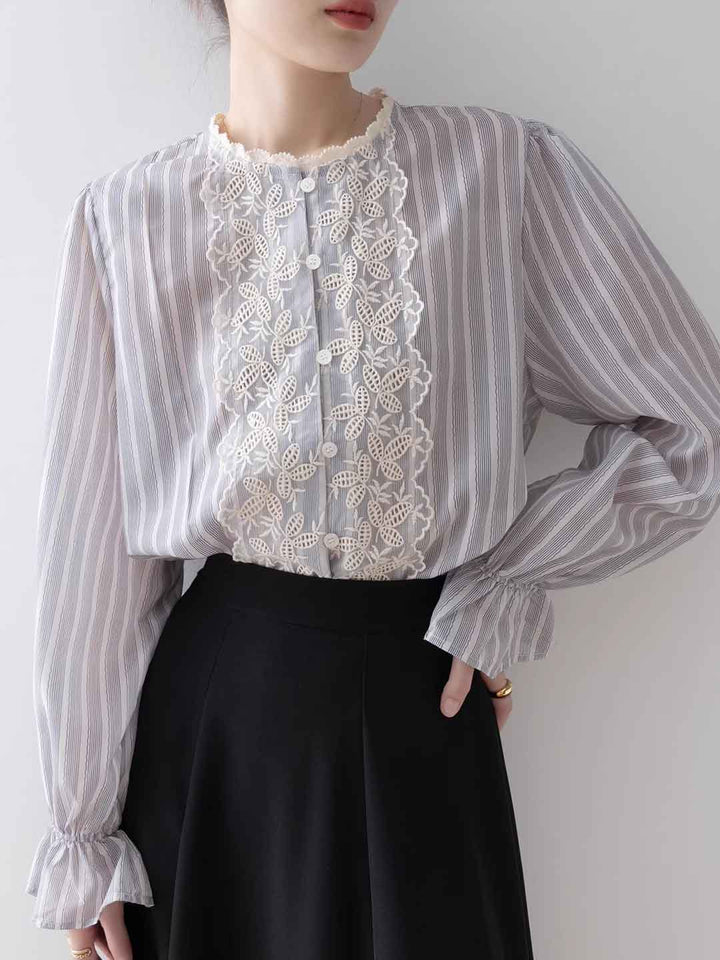 Jessica Vintage Mesh Embroidered Striped Lace Shirt