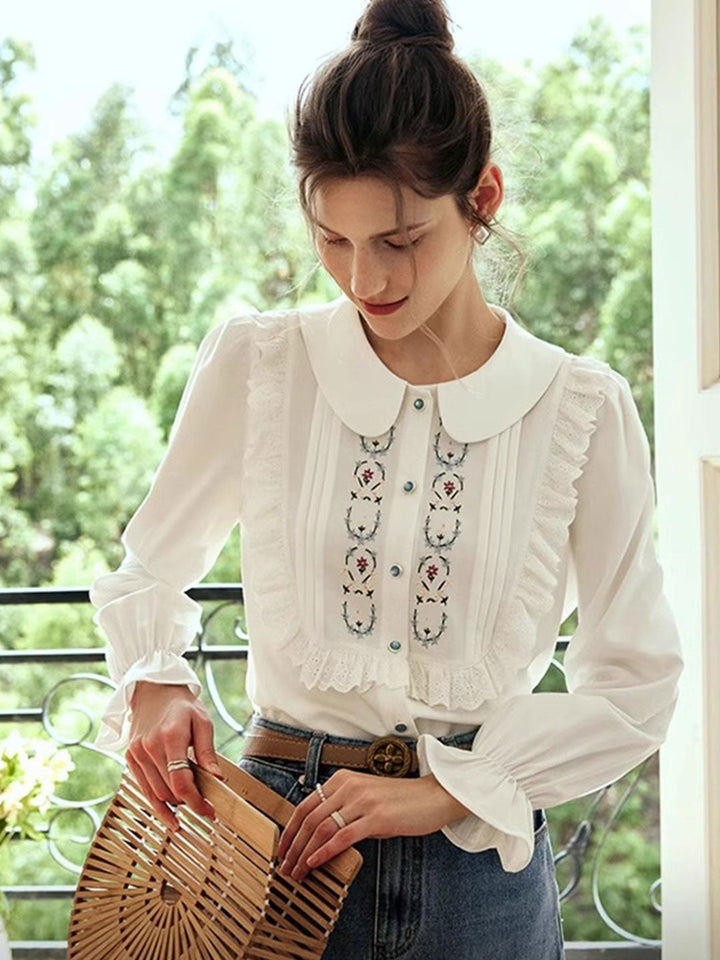 Claire Loose Lapel Puff Sleeve Embroidered Shirt