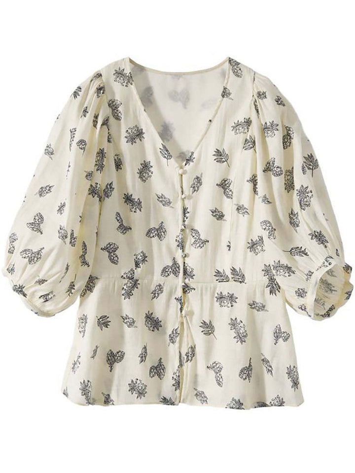 Madison Classic V-Neck Puff Sleeve Printed Top