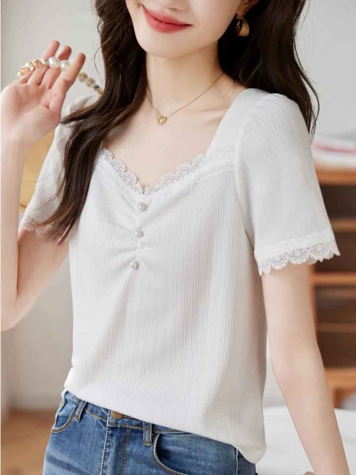 Julia Slim Fit Lace Pleated Striped Top