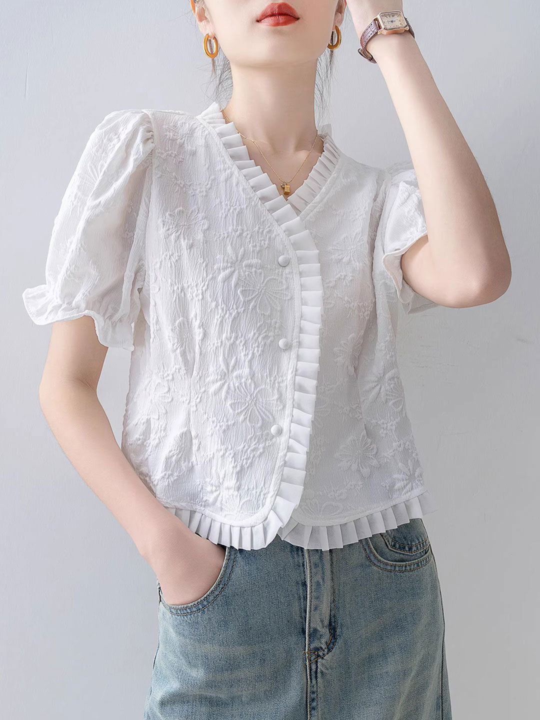 Bailey Retro V-Neck Puff Sleeve Auricular Top