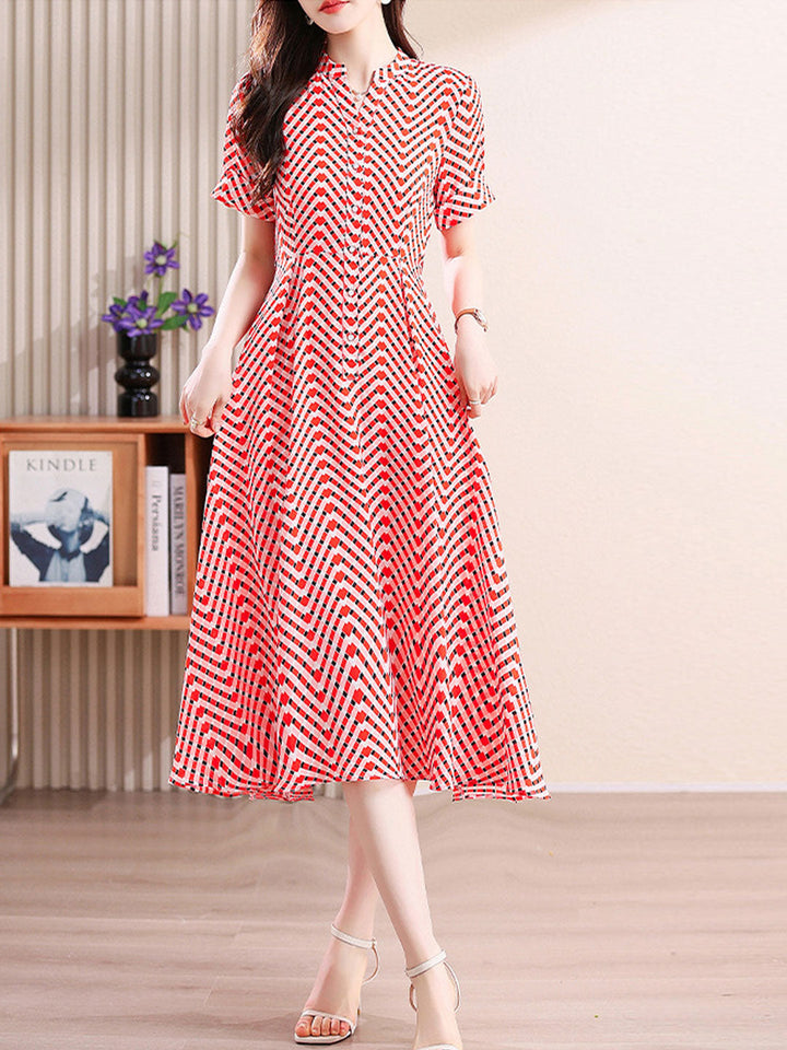 Caroline Casual V-neck Plaid Printed Chiffon Dress