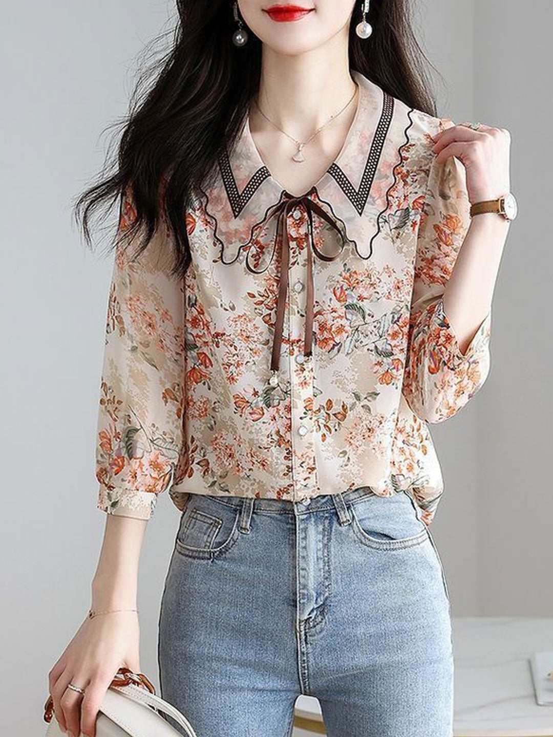 Rachel Classic Printed Floral Chiffon Shirt-Green