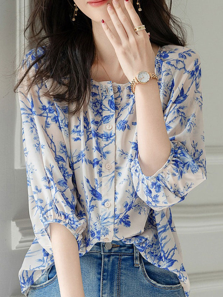 Jessica Elegant Crew Neck Puff Sleeve Printed Chiffon Top