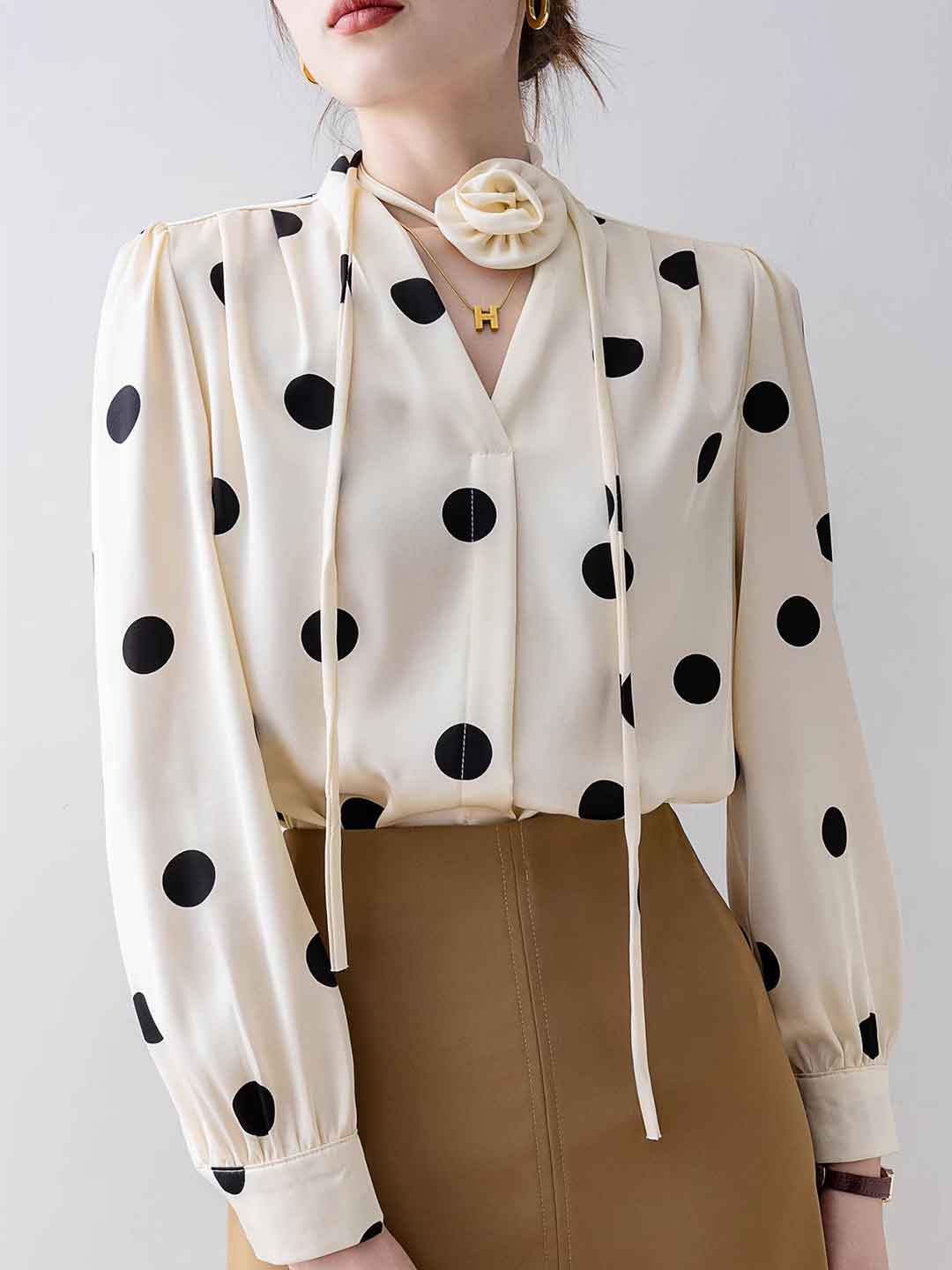 Faith Loose V-Neck Satin Polka Dot Shirt