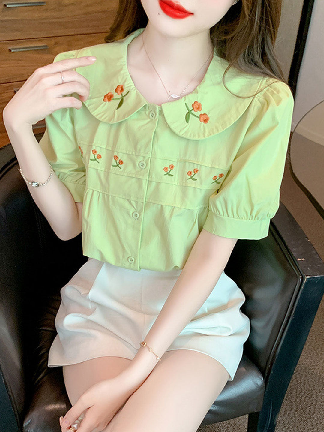 Khloe Retro Doll Collar Embroidered Top