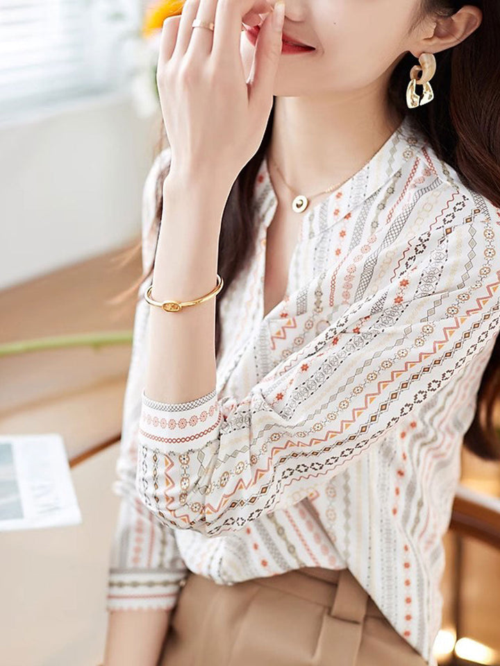 Zoey Retro V-Neck Printed Chiffon Shirt