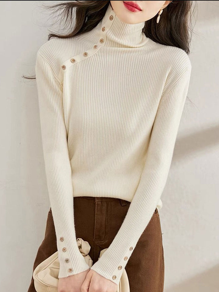 Jessica Turtleneck Solid Color Knitted Button Top-Gray