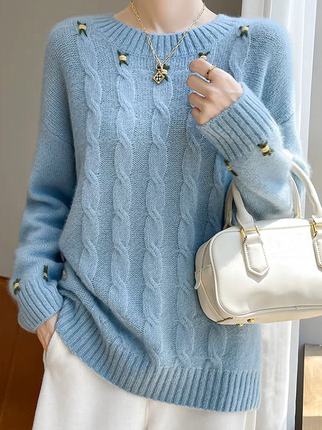 Bella Floral Crew Neck Solid Color Knitted Sweater