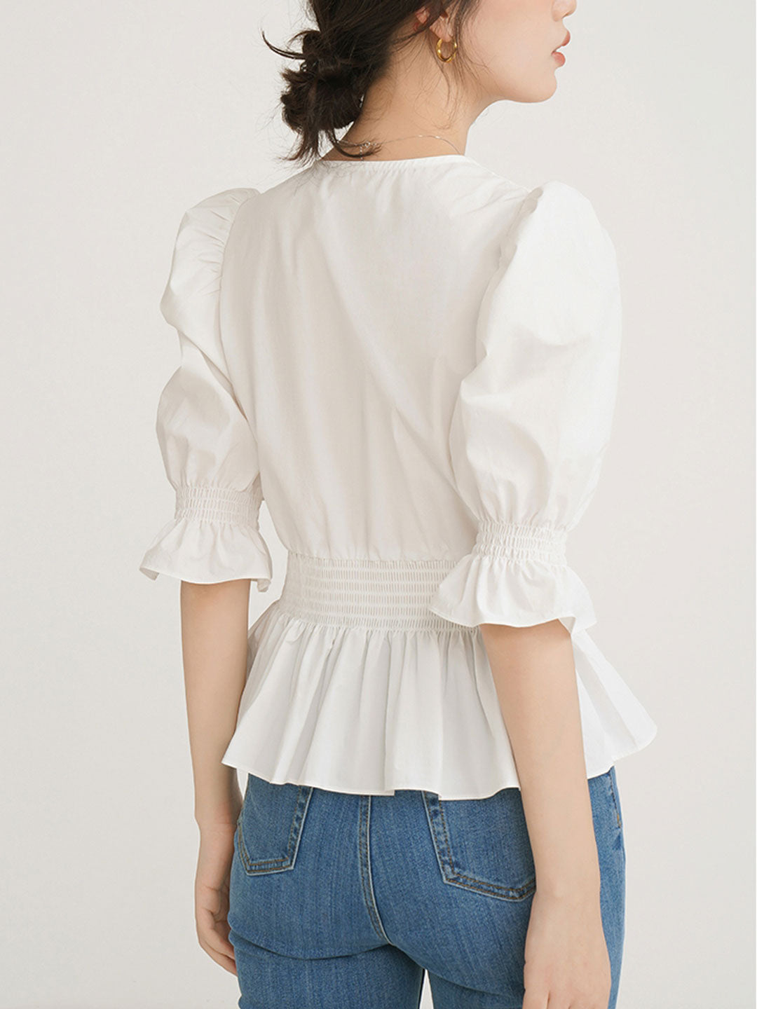 Sophie Elegant V-neck Puff Sleeve Waist Top