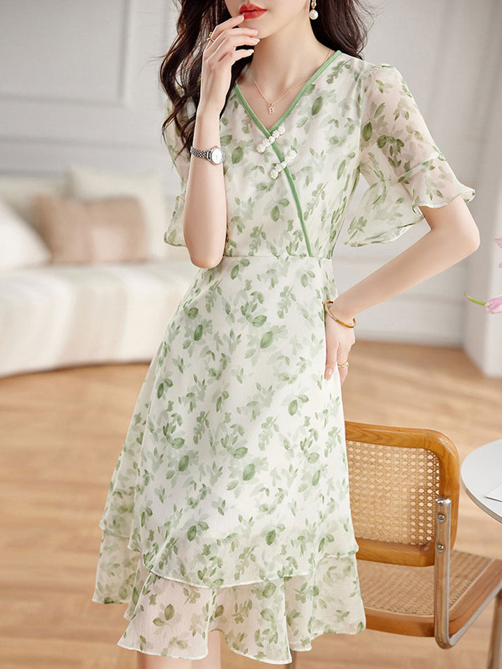 Brianna Elegant Flare Sleeve Printed Chiffon Dress