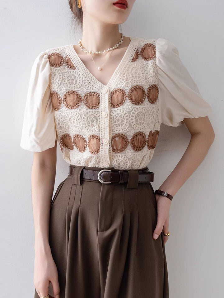 Avery Retro V-Neck Puff Sleeve Hollowed Top