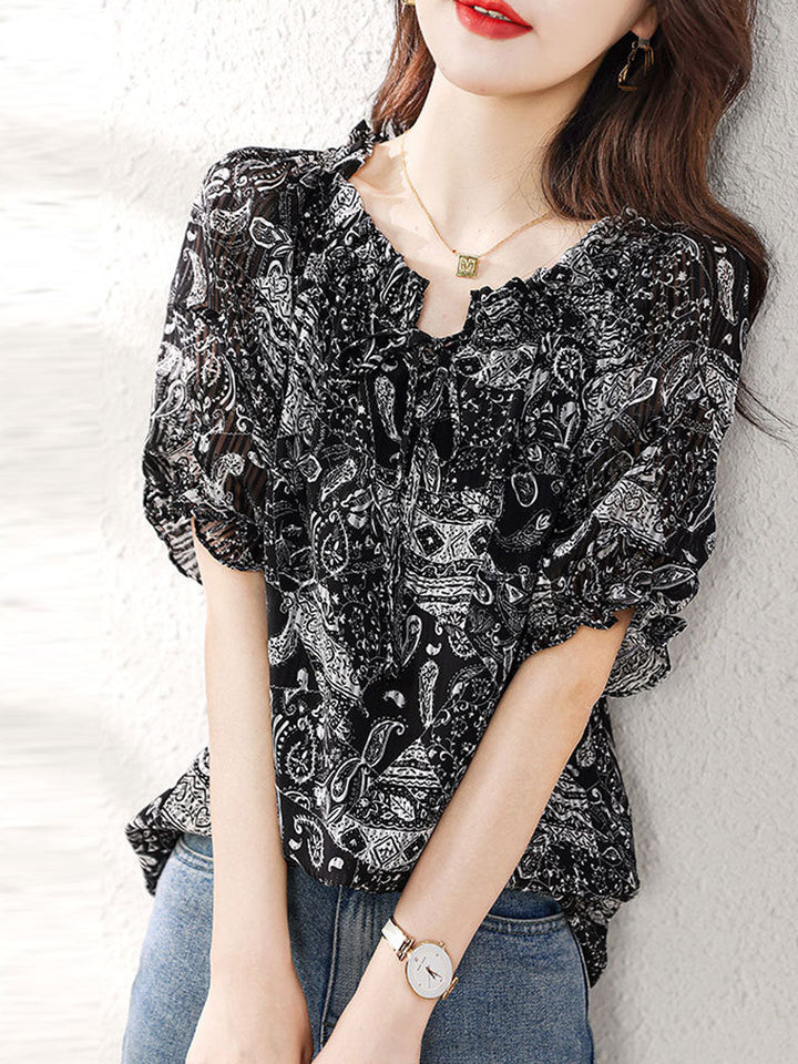 Hannah Loose Crew Neck Auricular Printed Top