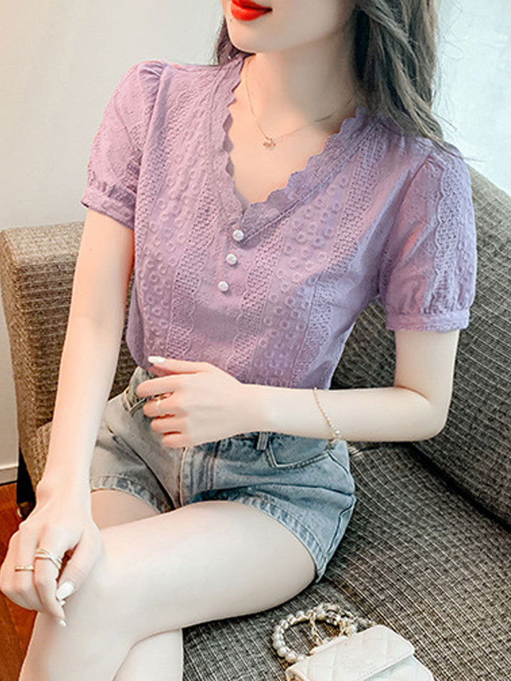 Julia Classic V-Neck Lace Chiffon Top