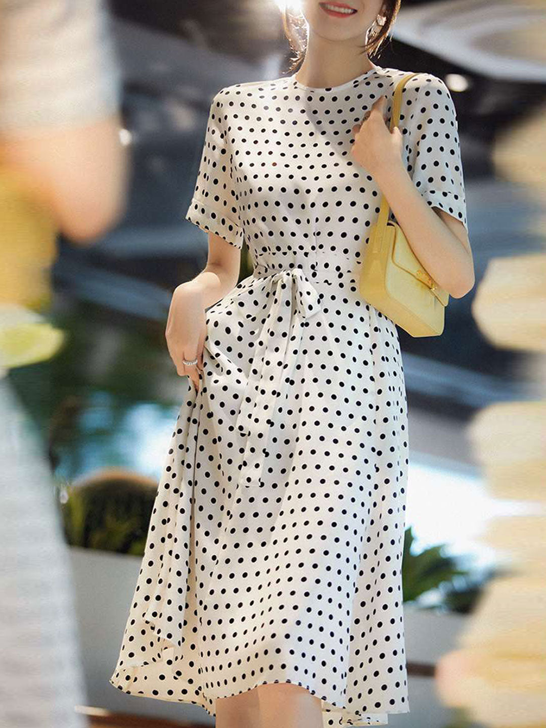 Chloe Elegant Crew Neck Tie Polka Dot Chiffon Dress