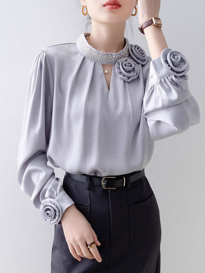 Bella Loose Solid Color Beaded Flower Embossed Shirt