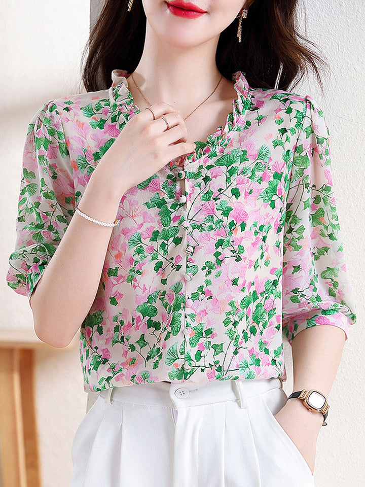 Mia Vacation V-Neck Ruffled Floral Chiffon Top