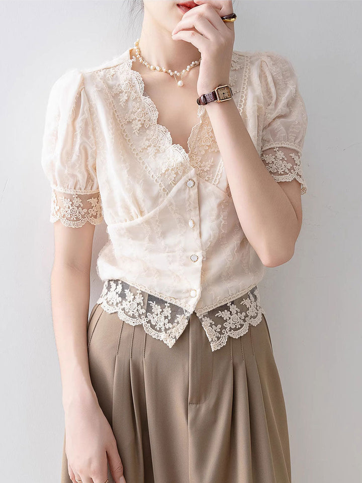 Anna Retro V-Neck Flare Sleeve Hollowed Lace Top