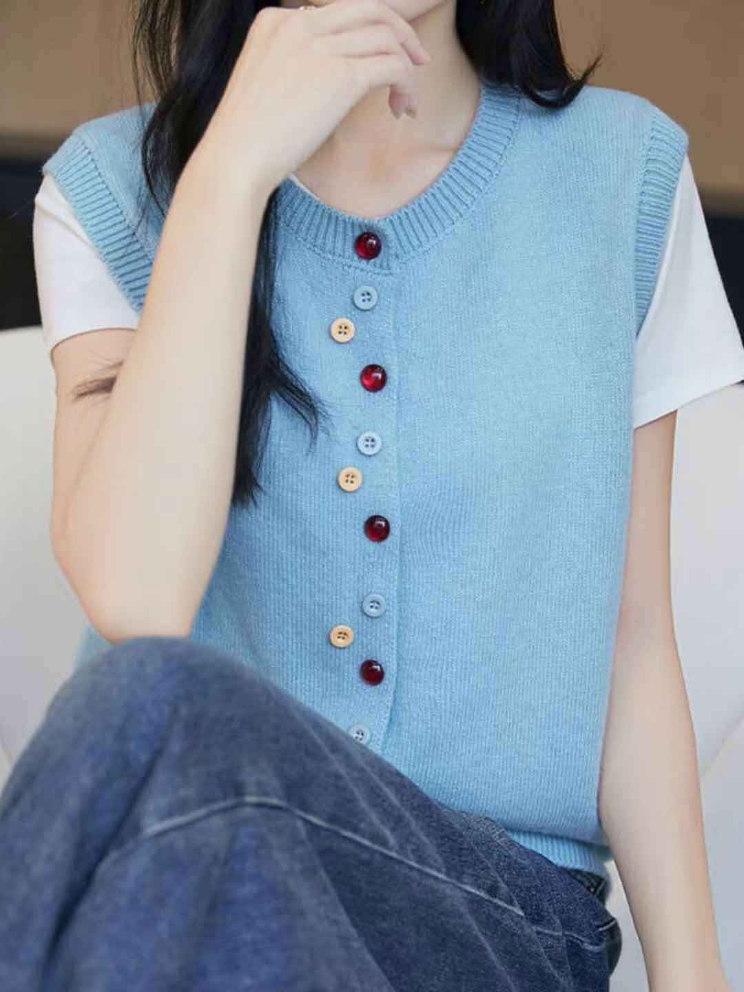 Sarah Classic Crew Neck Colorful Button Knitted Vest