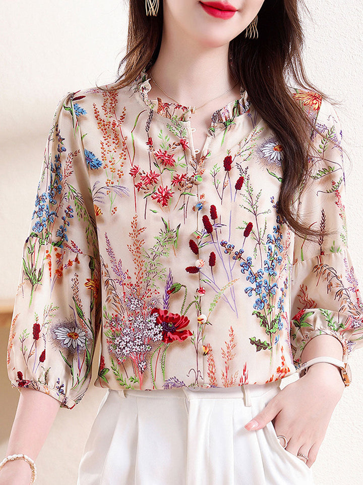 Sophia Retro Ruffle Collar Lantern Sleeve Floral Printed Top