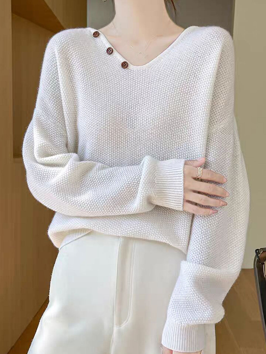 Ashley Loose V-neck Lantern Sleeve Button Knitted Sweater