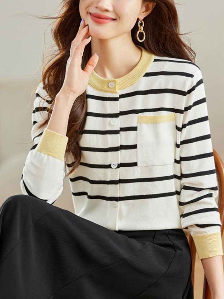 Mya Retro Crew Neck Striped Knitted Cardigan